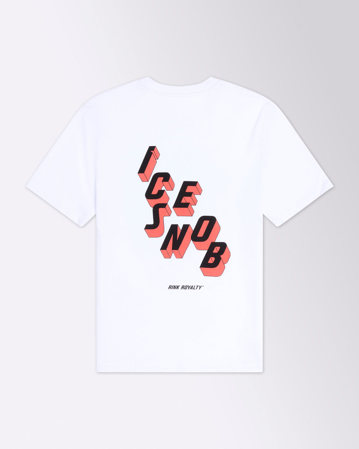 White ICESNOB Rink Royalty T-shirt with bold red and black 3D ICESNOB graphic on back.