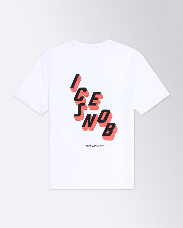 White ICESNOB Rink Royalty T-shirt with bold red and black 3D ICESNOB graphic on back.