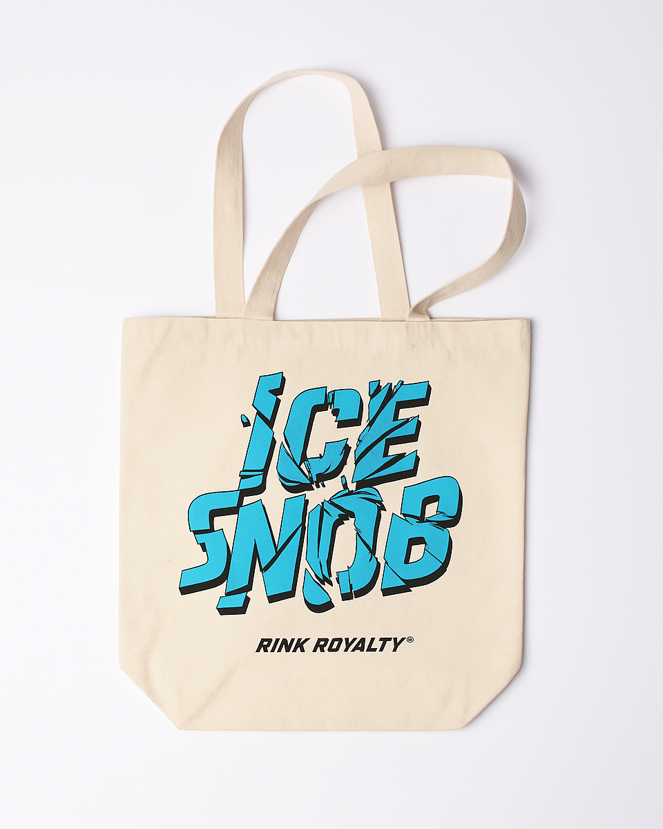 Beige tote bag with blue and black text on a white background