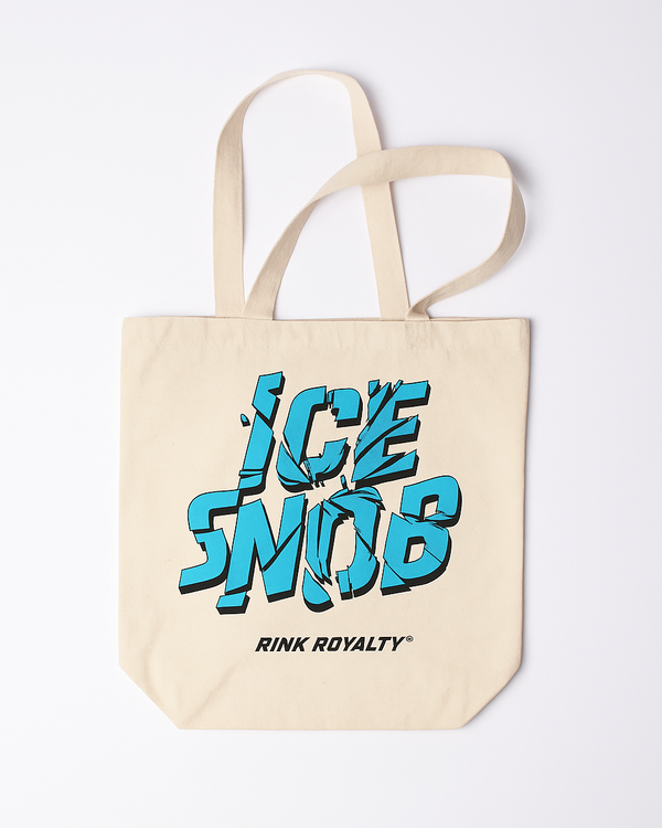 Beige tote bag with blue and black text on a white background