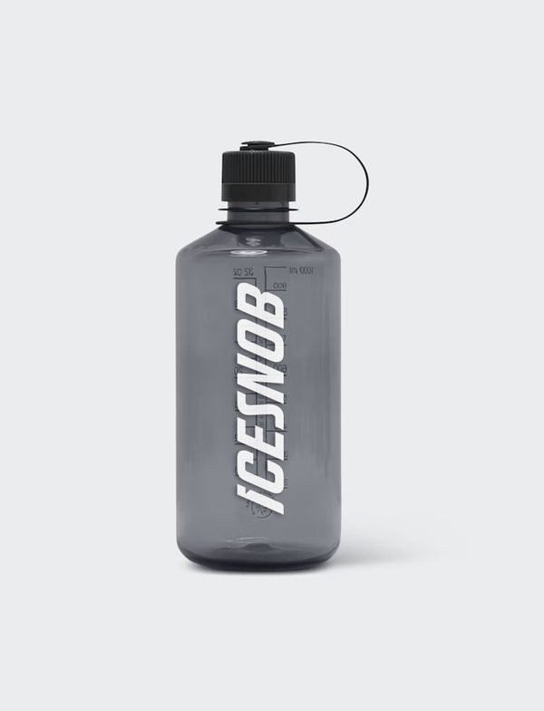 Gray water bottle with 'Nalgene' logo on a white background